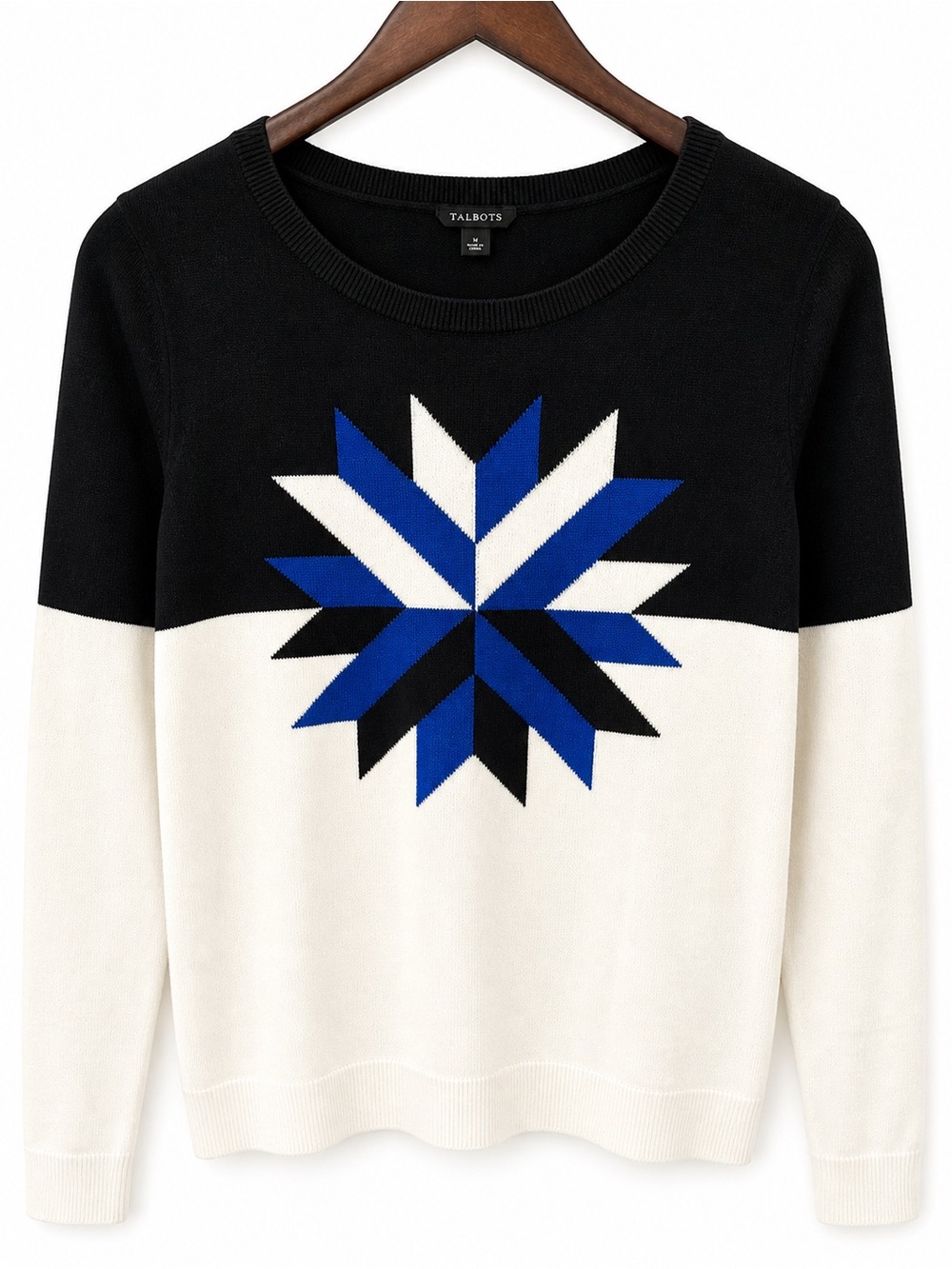 Talbots Black, White & Blue Geometric Star Crewneck Sweater